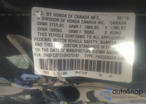 2016 Honda Civic Lx из США, поврежденный, VIN 2HGFC2F51GH573187